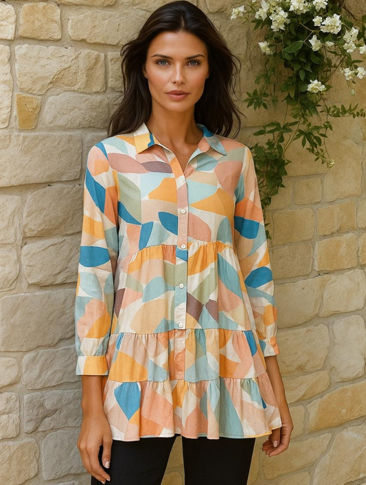 Vibrant Leaf Print Pure Maalin Silk Shirt-Style Kurti β Multi-Color Elegance