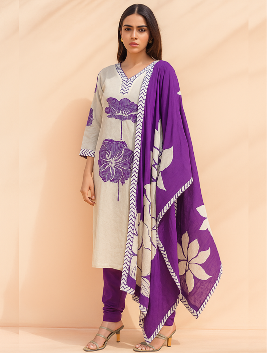 Elegant White & Purple Floral Pure Muslin Salwar Suit Set