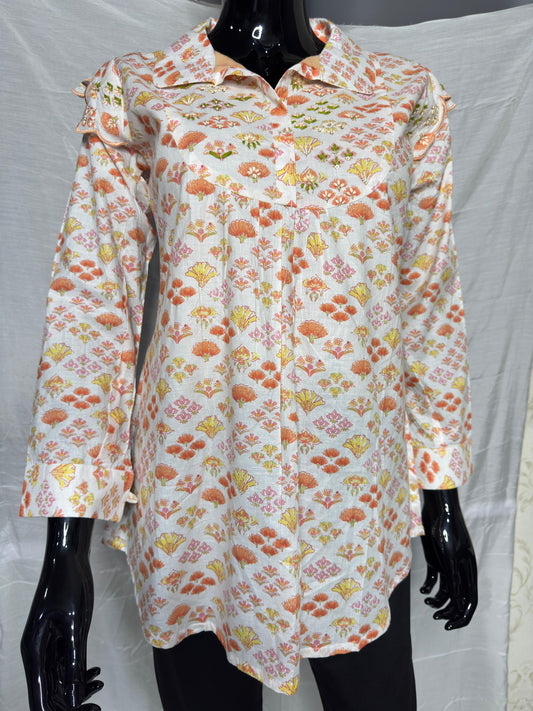 Elegant Floral Printed Pure Cotton Tunic with Shoulder Embroidery β Soft Peach & Yellow