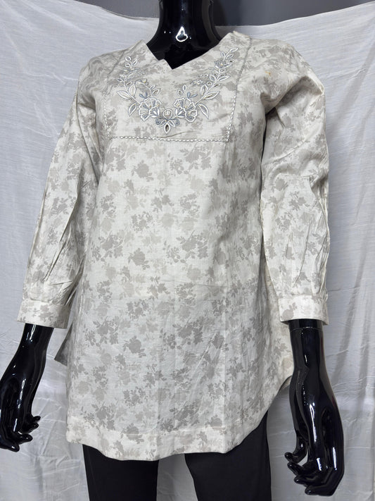 Elegant Pure Cotton Embroidered Short Kurti in Subtle Floral Pattern