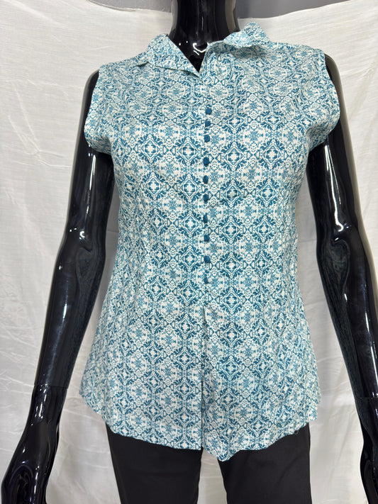 Pure Rayon Sleeveless Printed Shirt Top in Blue Geometric Motif