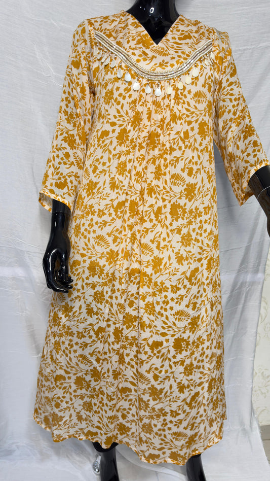 Elegant Pure Chinon A-Line Kurti with Shell & Sequin Neck Detailing