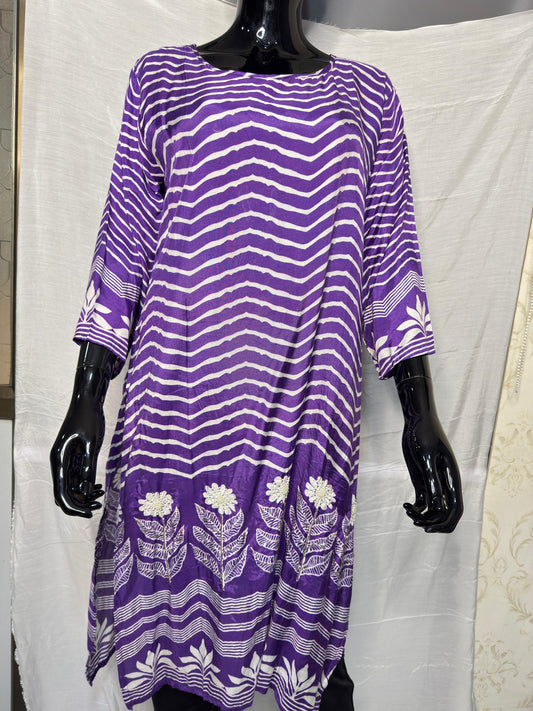 Rustic Bloom Pure Muslin Printed Kurti with Embroidered Floral Motifs β Purple & Ivory