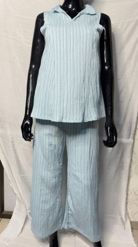 Light Blue Striped Sleeveless Co-ord Set in Premium Imported Crinkled Fabric