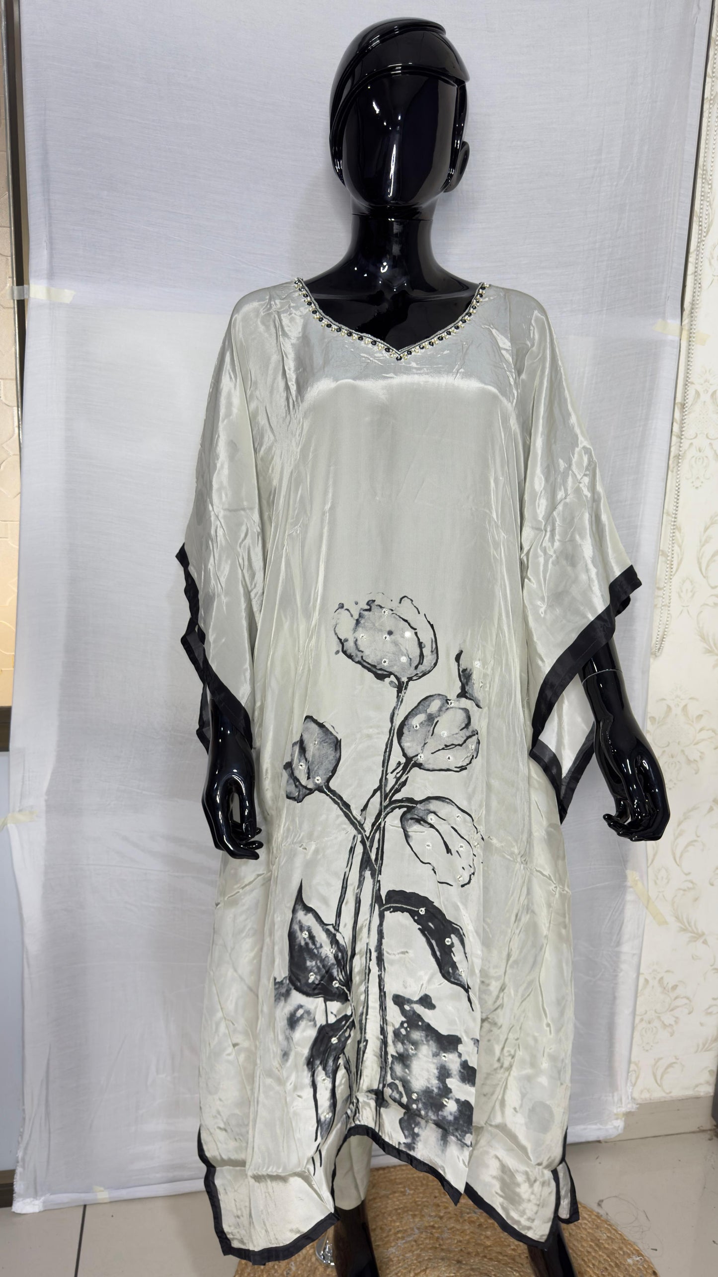 Elegant Floral Print Natural Crepe Kaftan Dress