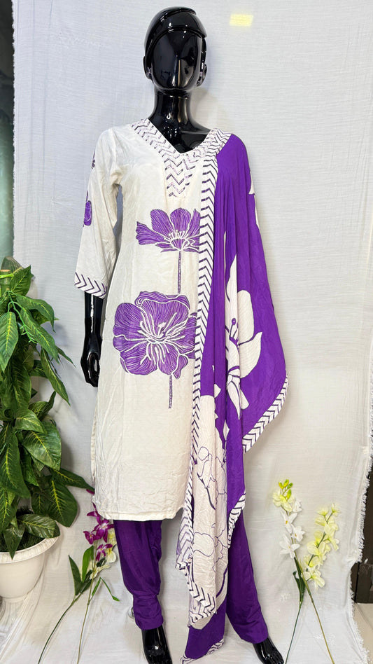 Elegant White & Purple Floral Pure Muslin Salwar Suit Set