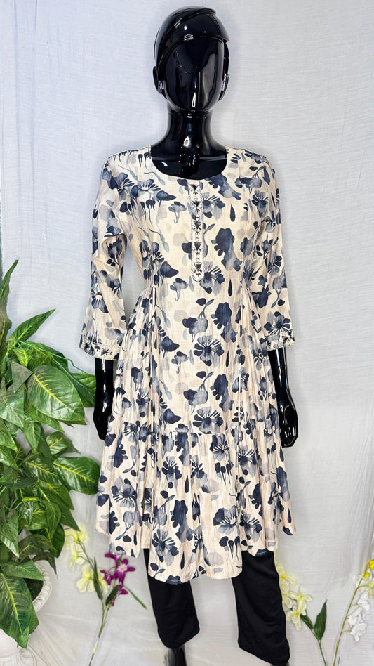 Elegant Floral Pure Moda Chanderi A-Line Kurti β Cream & Charcoal