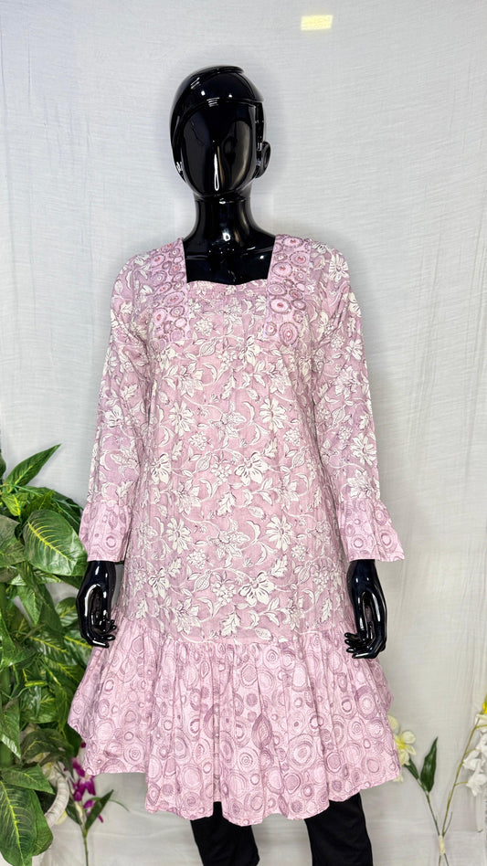 Pastel Pink Floral Pure Cotton Digital Print Kurti with Flared Hem
