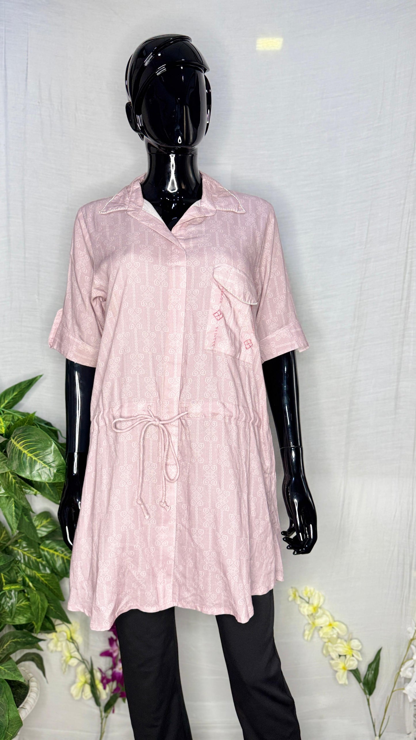 Blush Pink Pure Rayon Shirt Kurti with Drawstring Waist