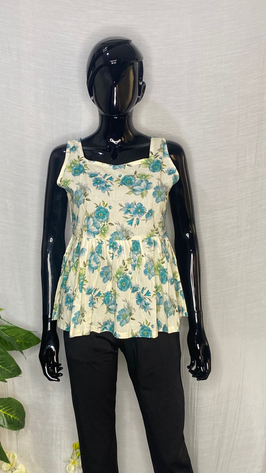 Pure Cotton Blue Floral Peplum Top – Sleeveless Summer Women’s Top