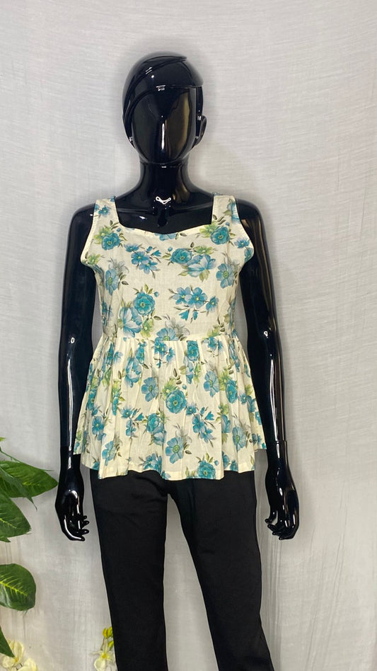 Pure Cotton Blue Floral Peplum Top β Sleeveless Summer Womenβs Top