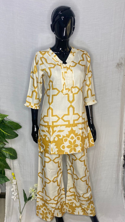 Semi Rayon Printed Kurta Palazzo Set β Mustard & White Ethnic Co-Ord for Women