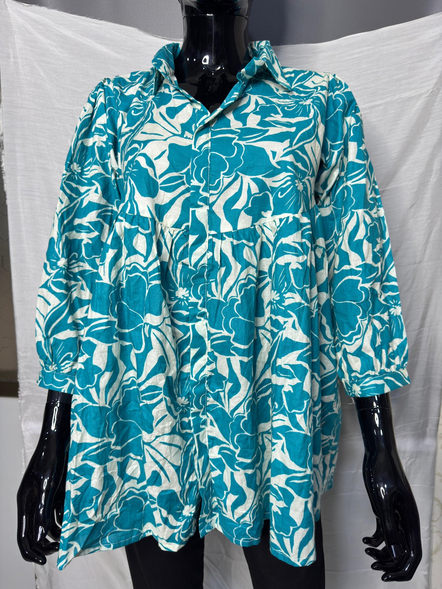 Turquoise Floral Handblock Style Pure Cotton Shirt Dress β Breezy & Stylish