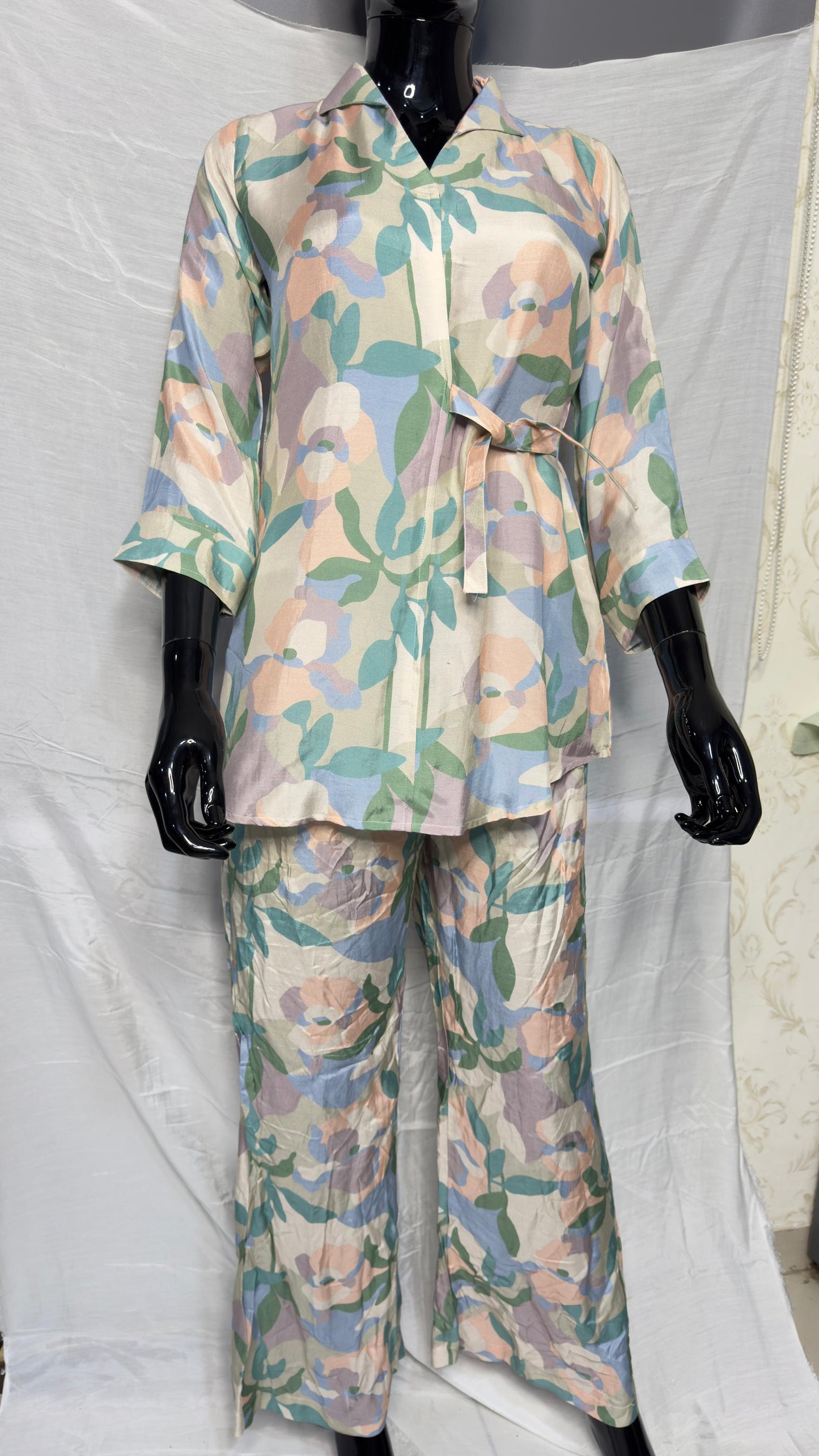 Pastel Leaf Print Pure Muslin Tiered Dress with Collar