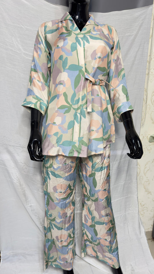 Pastel Leaf Print Pure Muslin Tiered Dress with Collar