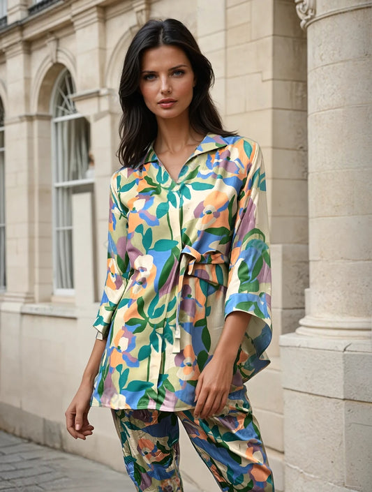 Pastel Leaf Print Pure Muslin Tiered Dress with Collar
