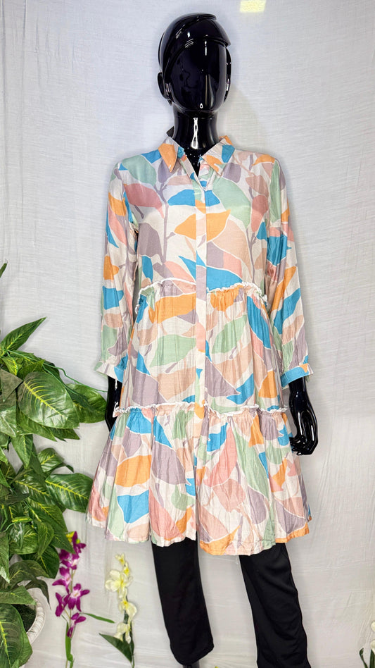 Vibrant Leaf Print Pure Maalin Silk Shirt-Style Kurti β Multi-Color Elegance