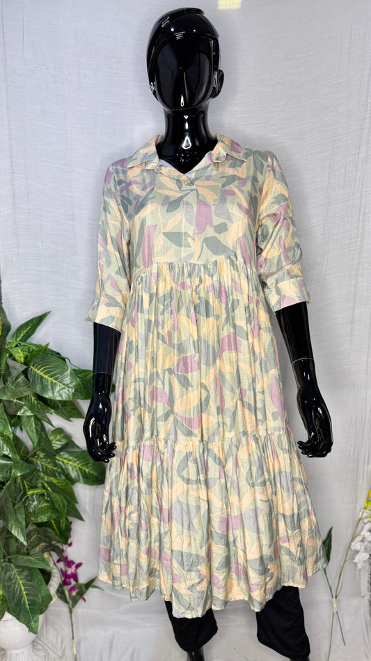 Elegant Pastel Leaf Print Pure Muslin Gathered Dress