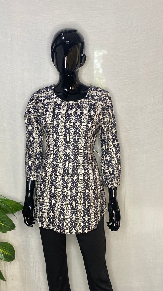 Pure Cotton Printed Long Sleeve Top β Navy & White Ethnic Pattern Womenβs Kurti