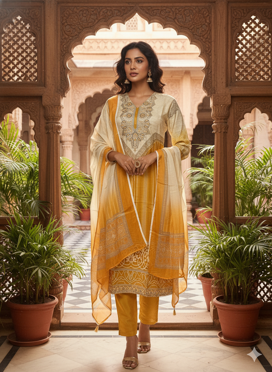 Elegant Muslin Embroidered Kurta–Pant–Dupatta Set | Lightweight & Stylish