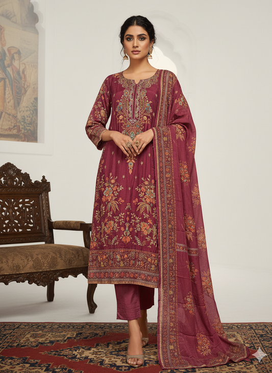 Elegant Muslin Embroidered Kurta–Pant–Dupatta Set | Lightweight & Stylish