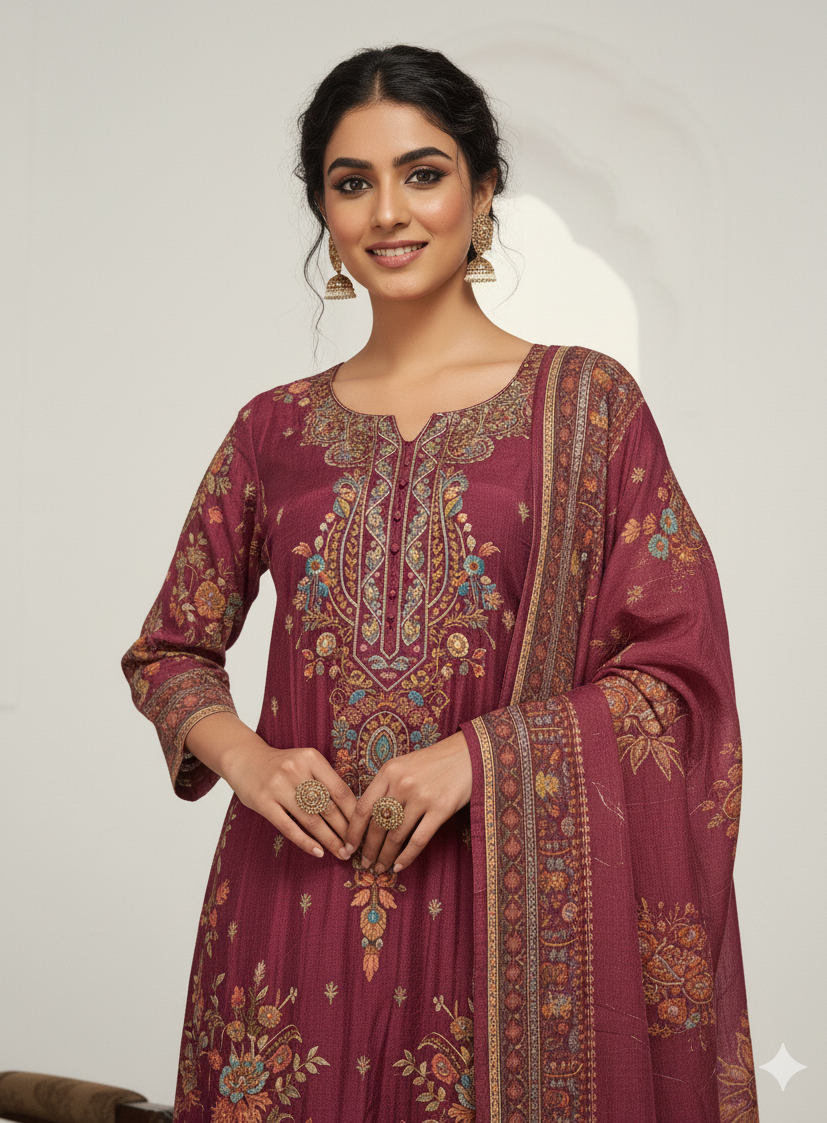 Elegant Muslin Embroidered Kurta–Pant–Dupatta Set | Lightweight & Stylish