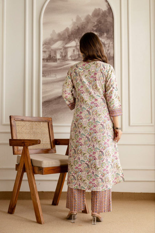 Pastel Pink Floral Printed Three-Piece Suit