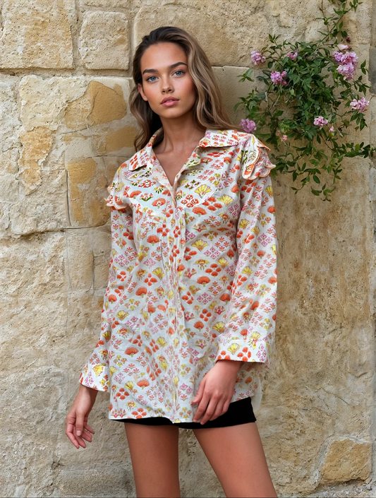 Elegant Floral Printed Pure Cotton Tunic with Shoulder Embroidery β Soft Peach & Yellow