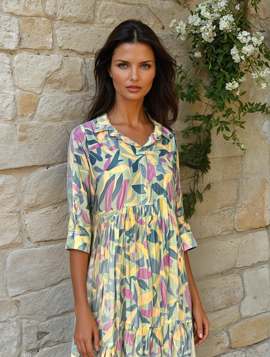 Elegant Pastel Leaf Print Pure Muslin Gathered Dress