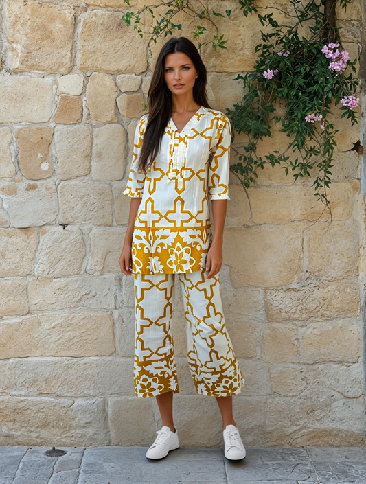 Semi Rayon Printed Kurta Palazzo Set β Mustard & White Ethnic Co-Ord for Women