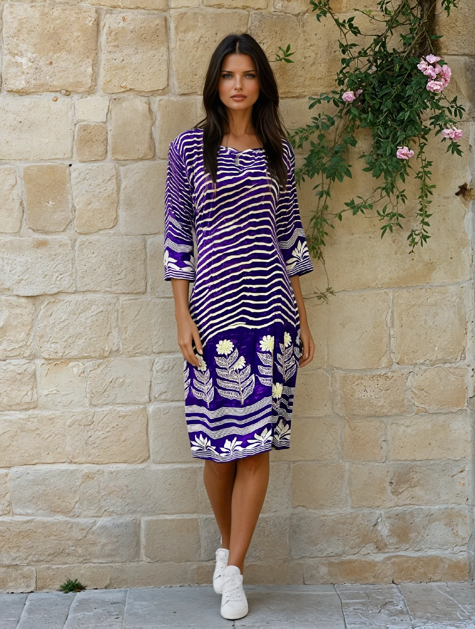 Rustic Bloom Pure Muslin Printed Kurti with Embroidered Floral Motifs β Purple & Ivory