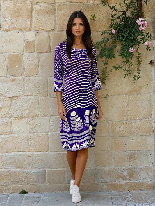 Rustic Bloom Pure Muslin Printed Kurti with Embroidered Floral Motifs β Purple & Ivory
