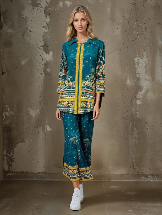 Elegant Floral Print Muslin Co-ord Set – Teal & Yellow