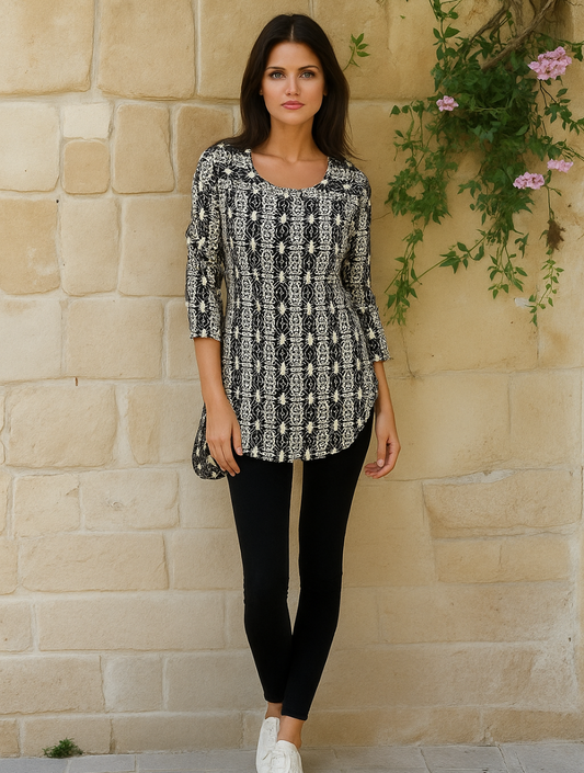 Pure Cotton Printed Long Sleeve Top – Navy & White Ethnic Pattern Women’s Kurti