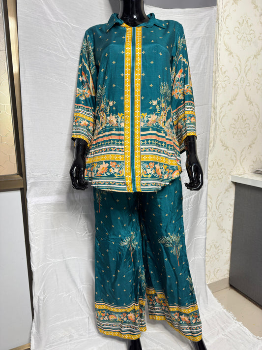 Elegant Floral Print Muslin Co-ord Set – Teal & Yellow