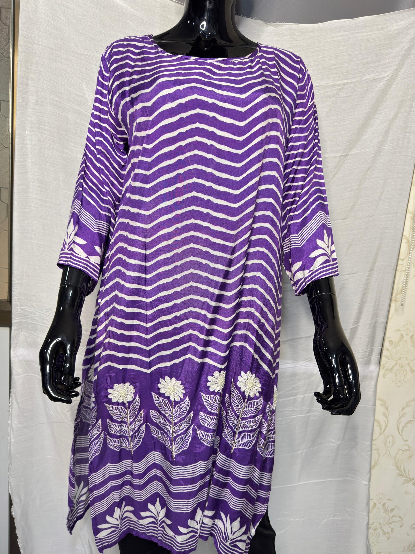 Rustic Bloom Pure Muslin Printed Kurti with Embroidered Floral Motifs – Purple & Ivory