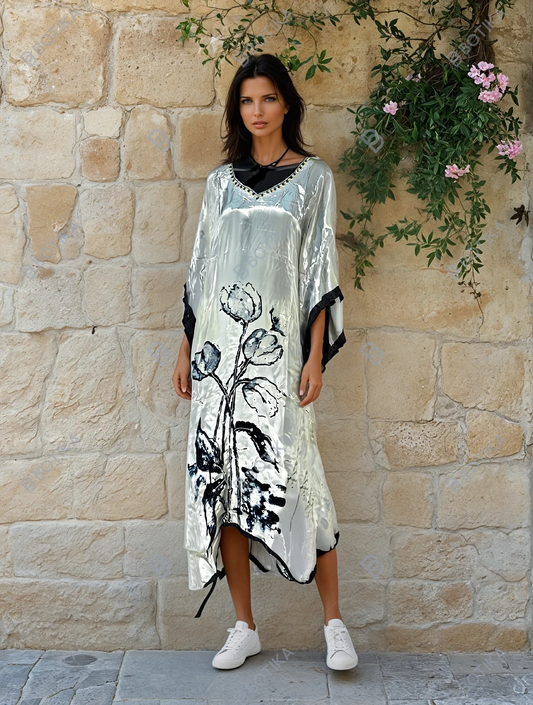 Elegant Floral Print Natural Crepe Kaftan Dress