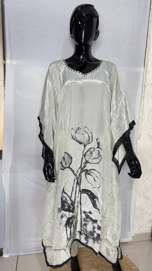 Elegant Floral Print Natural Crepe Kaftan Dress