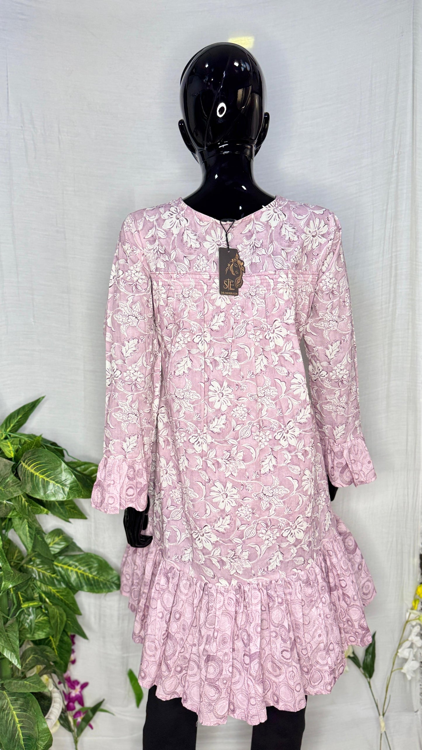 Pastel Pink Floral Pure Cotton Digital Print Kurti with Flared Hem