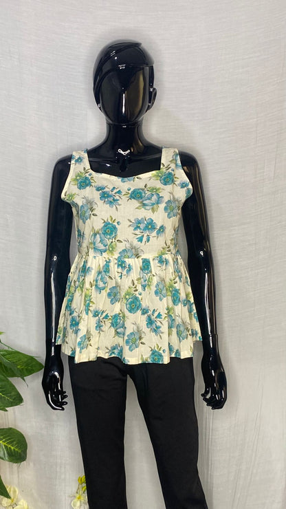 Pure Cotton Blue Floral Peplum Top – Sleeveless Summer Women’s Top