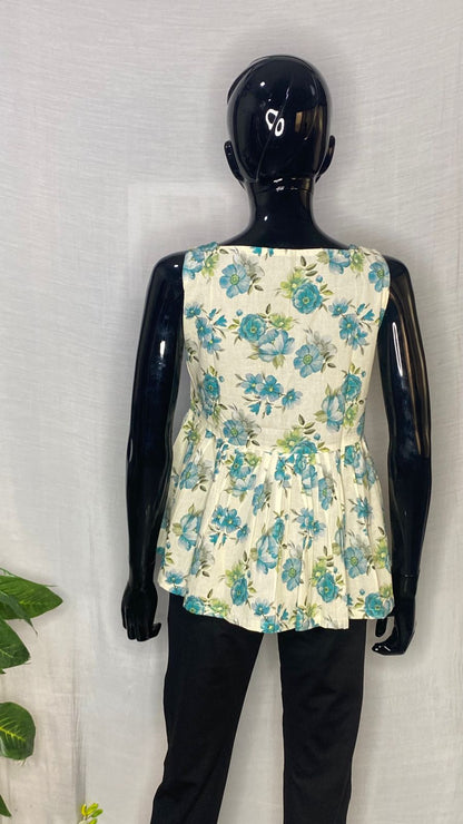 Pure Cotton Blue Floral Peplum Top – Sleeveless Summer Women’s Top