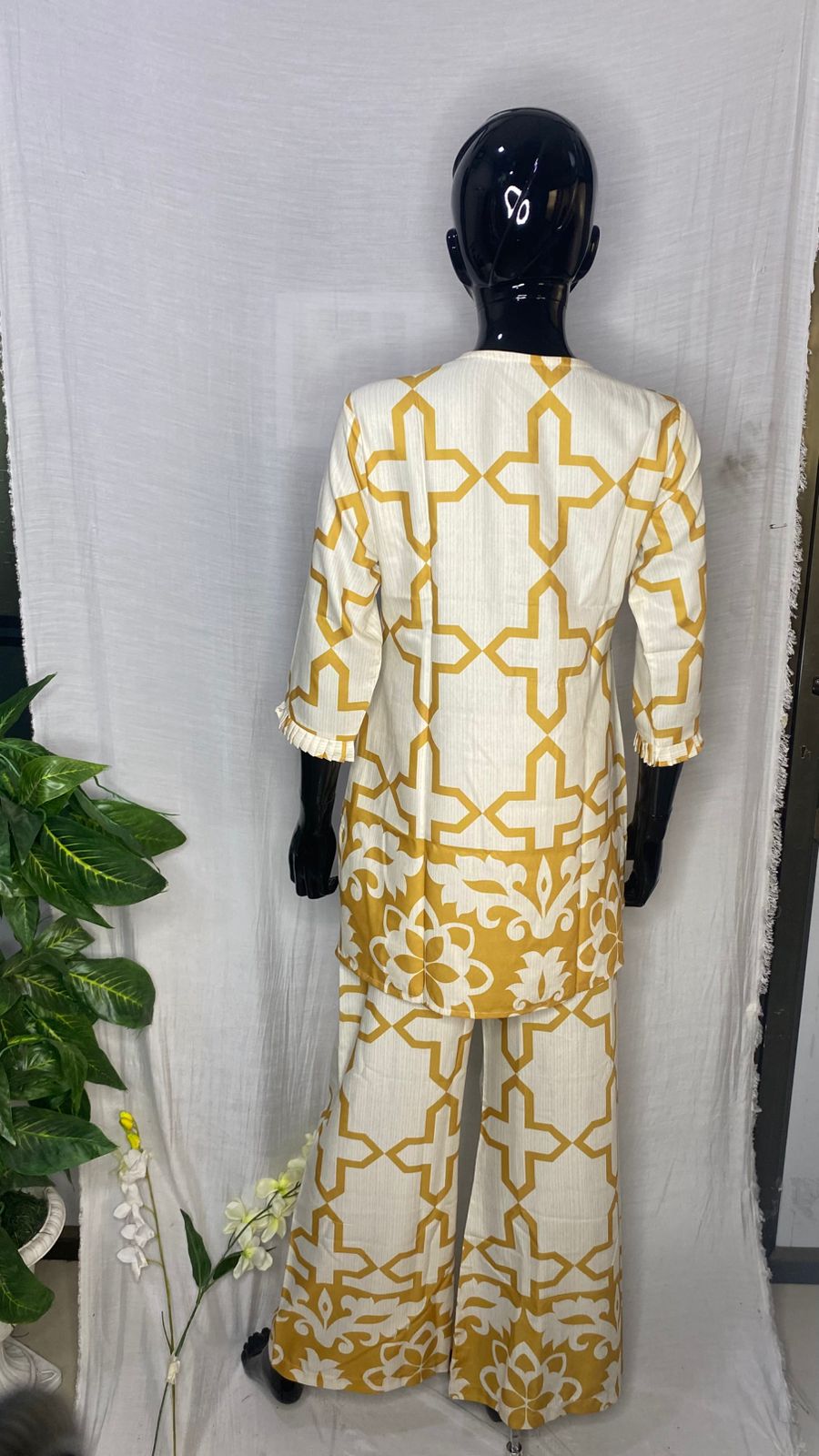 Semi Rayon Printed Kurta Palazzo Set – Mustard & White Ethnic Co-Ord for Women