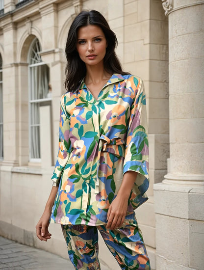Pastel Leaf Print Pure Muslin Tiered Dress with Collar