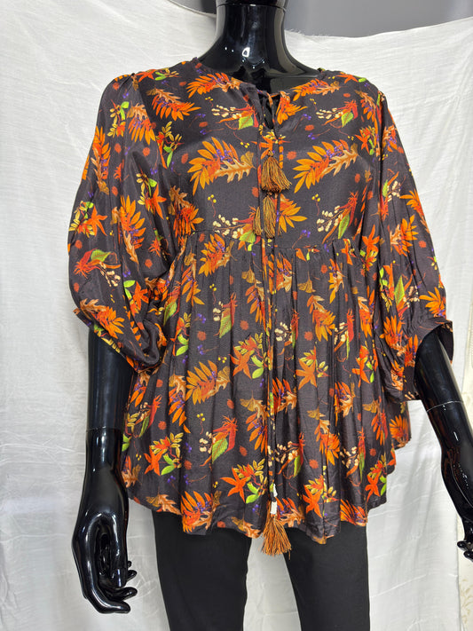 Boho Bloom Pure Muslin Floral Printed Top with Tassel Tie-Up – Black Base