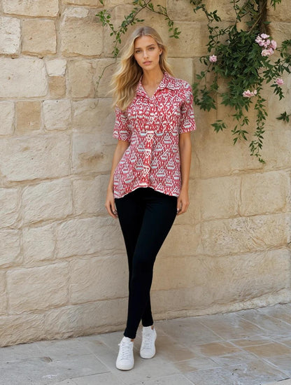 Women's Linen Blossom Printed Shirt – Soft Collar, Half Sleeve, Casual Comfort Fit
