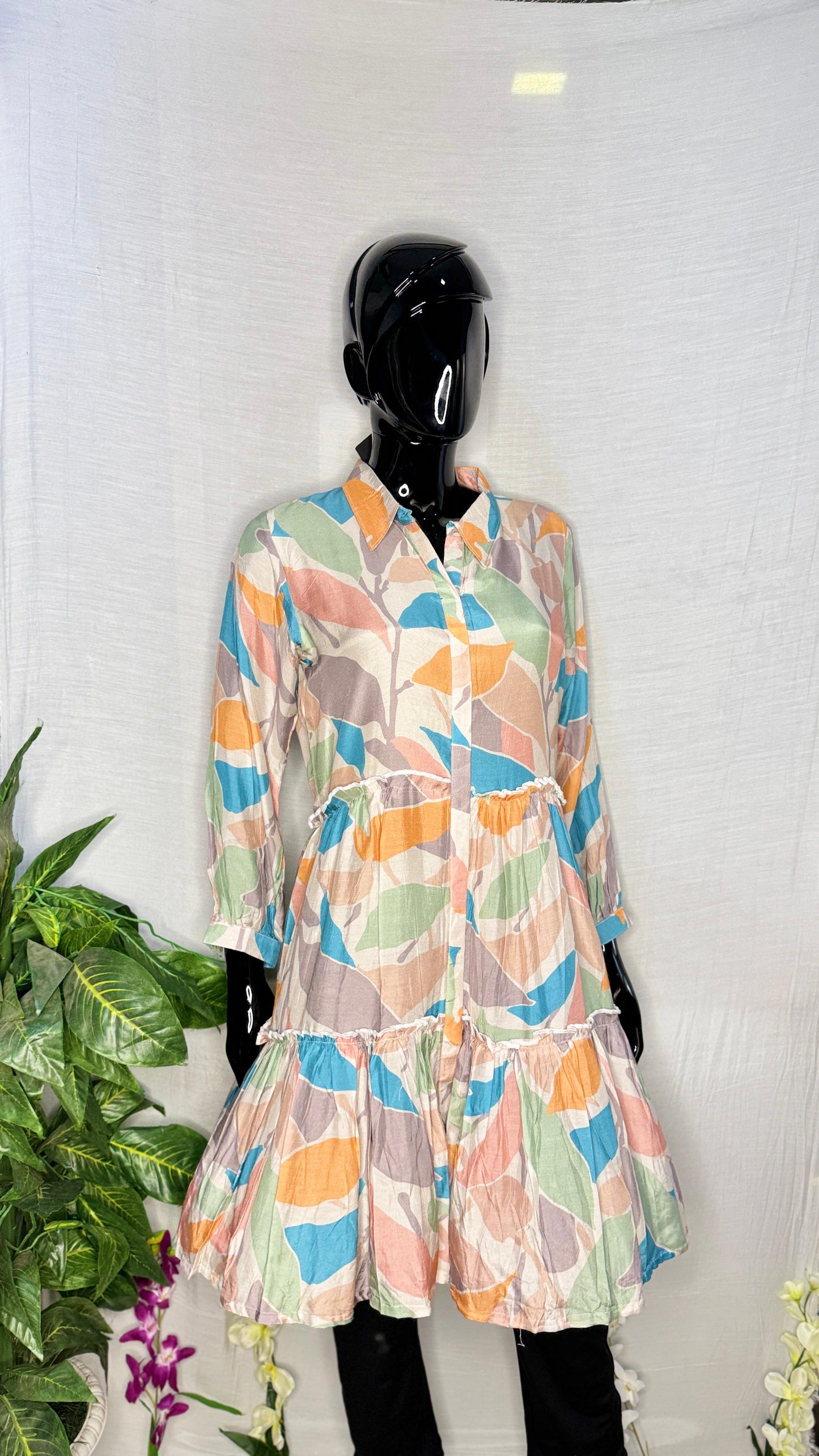 Vibrant Leaf Print Pure Maalin Silk Shirt-Style Kurti – Multi-Color Elegance