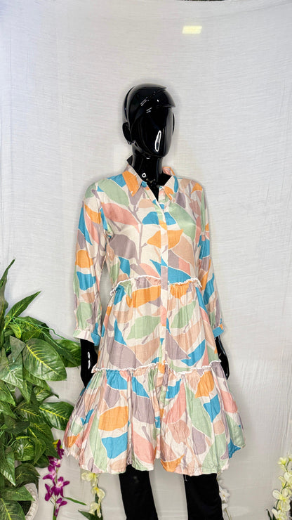 Vibrant Leaf Print Pure Maalin Silk Shirt-Style Kurti – Multi-Color Elegance