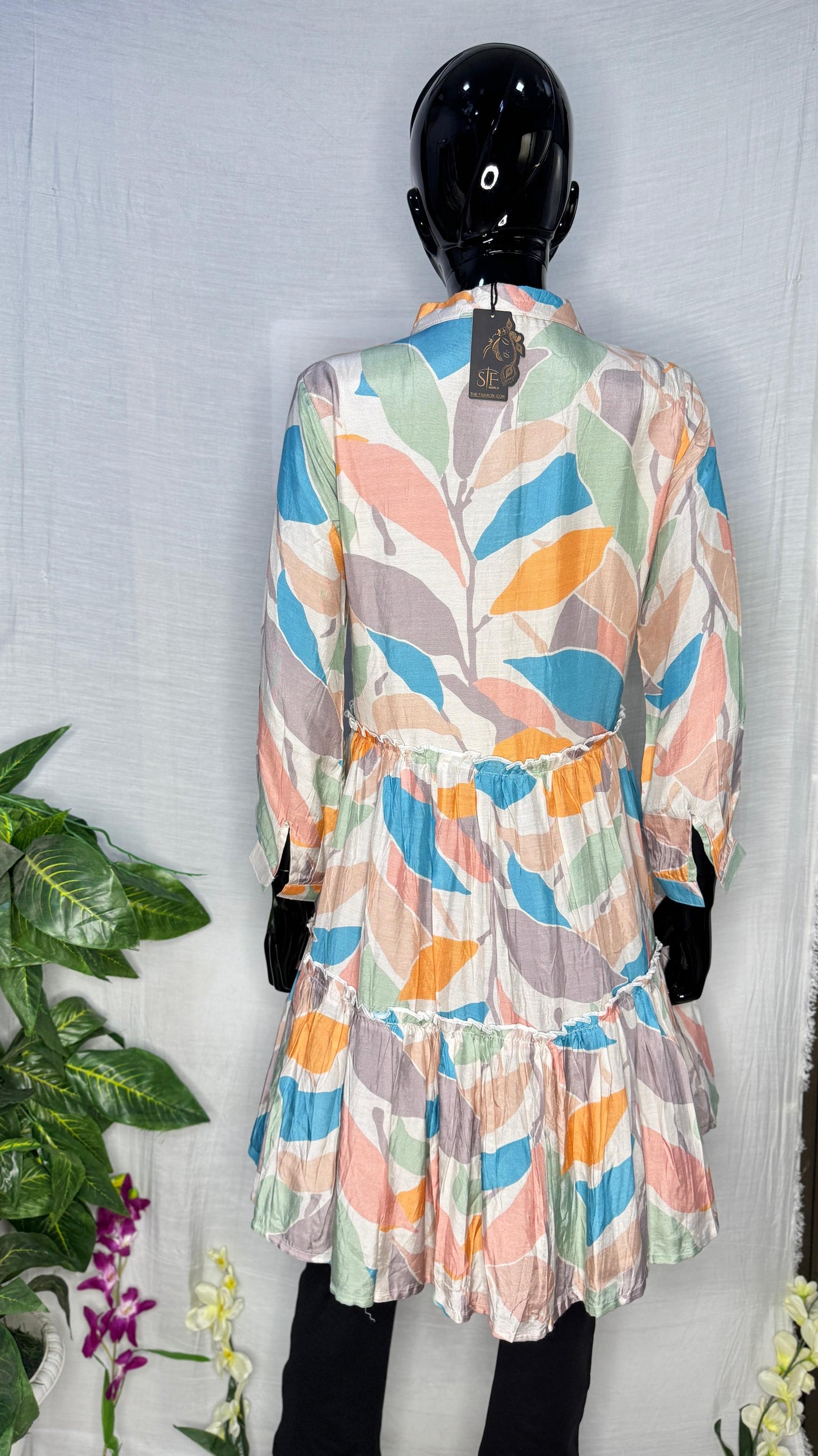 Vibrant Leaf Print Pure Maalin Silk Shirt-Style Kurti – Multi-Color Elegance