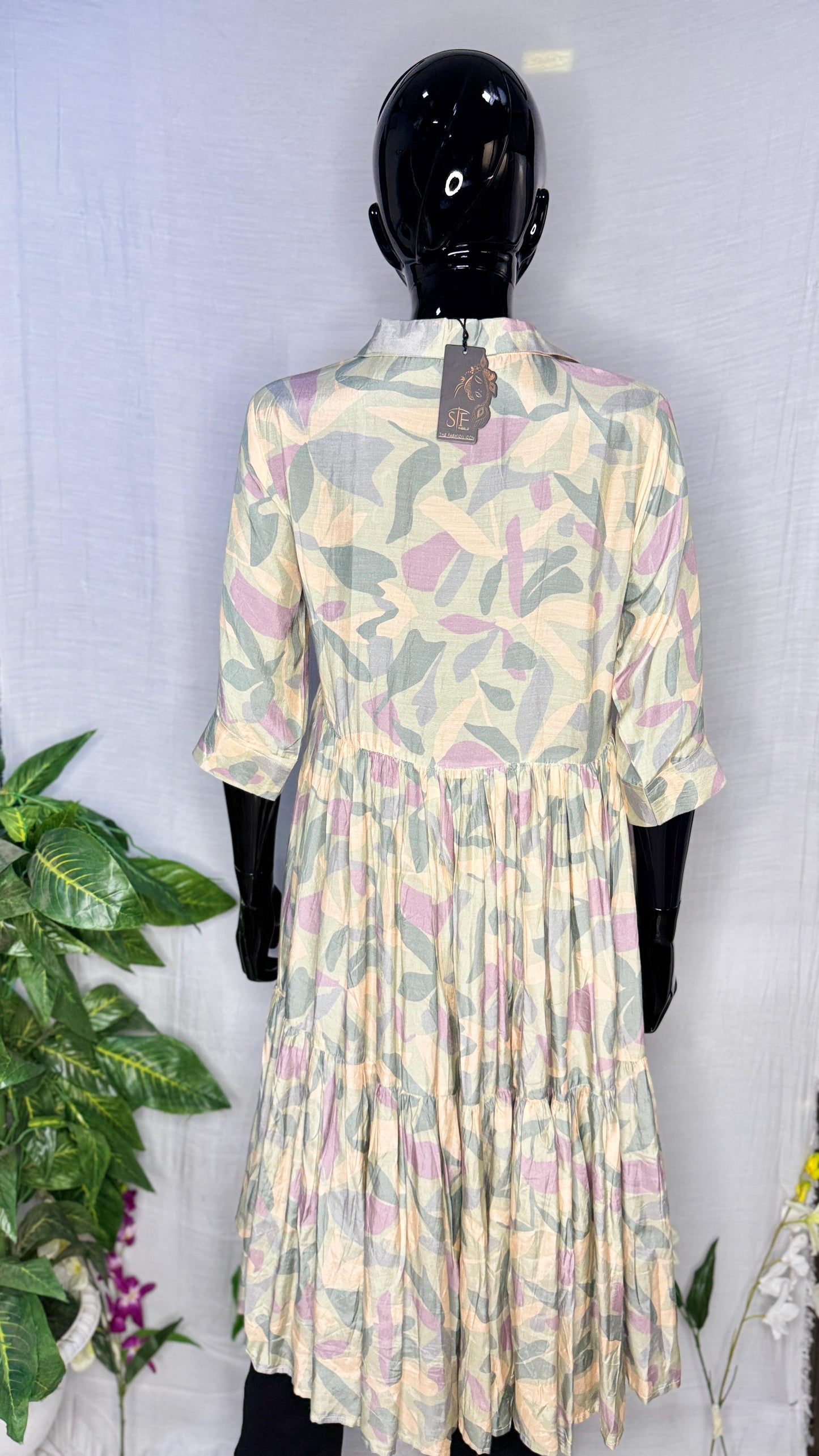 Elegant Pastel Leaf Print Pure Muslin Gathered Dress