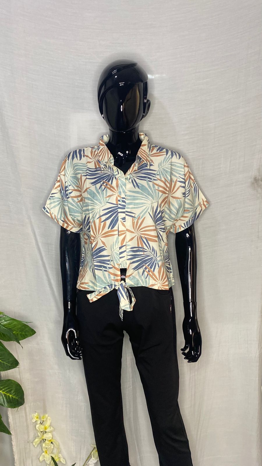 Semi Rayon Tropical Leaf Print Tie-Front Shirt for Women